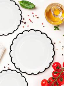 10个/20个/50个装黑白纸盘，7英寸/9英寸，白色纸盘带黑色滚边，可爱白色扇形纸盘，一次性花形餐盘，甜点派对餐盘，适用于婚礼、新娘送礼会、生日、毕业典礼、新年派对等场合的装饰 - 白底黑邊 - 查看 6