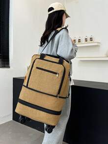 Large Capacity Wheeled Foldable Leisure Travel Bag, Carry-On Bag, Campus Backpack, Expandable, Unisex, Suitable For Business Trip, Travel, Campus, With Handles And Wheels - Khaki - View 8