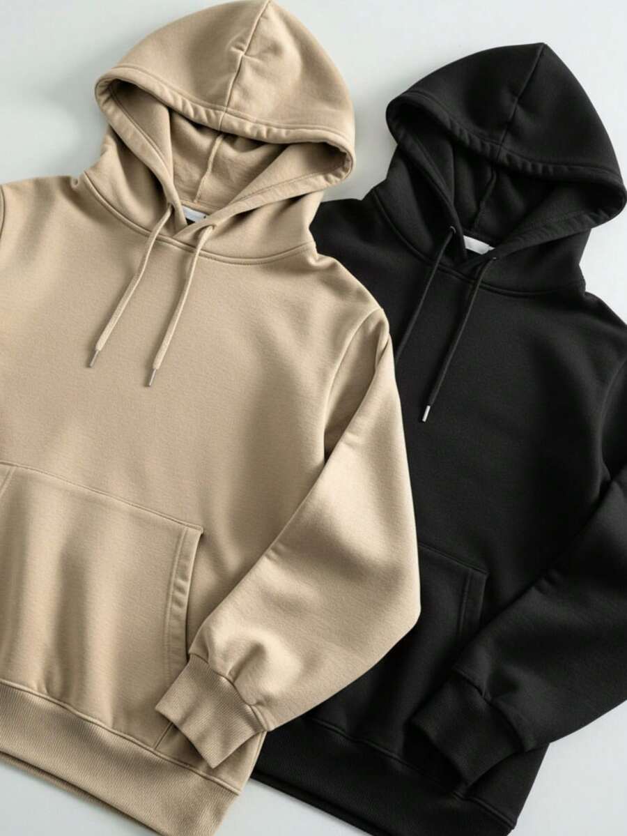 Kit Of 2 Hooded Sweatshirts, Casual Basic Style, Unisex Winter Set - - Beige/Black - View 1
