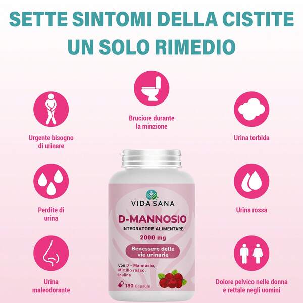 Vida Sana D MANNOSIO PURO Mirtillo rosso d mannosio cistite vie urinarie 2200mg cistite, dmannosio 180 capsule,mannosio per cistite integratore cistite donna e cistite combatte candida