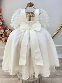 Vestido Infantil Azul Marfim Busto C/ Renda Daminhas Festas Luxo