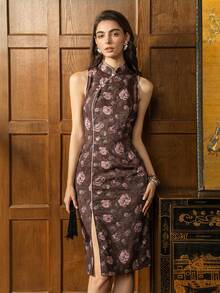 Faeriesty Sườn xám phong cách Trung Hoa mới dành cho nữ: Cổ đứng nhỏ, không tay, thiết kế hoa xẻ tà - Hoàn hảo cho các buổi dạ tiệc trang trọng, tiệc tối, tiệc cưới, lễ nghi văn hóa, tiệc tối kinh doanh cao cấp - màu nâu - Xem 3