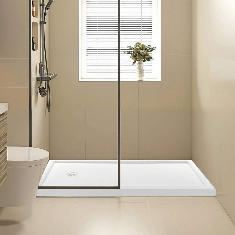 Shower Pan, 60″ L X 30″ W Single Threshold Shower Base, Rectangle Acrylic & PVC Showering Base In White, Slip-Resistant Showering Pan Bases With Drain & Cover For Bathroom, Left Drain Location - 60″ L X 30″ W Left Drain Location - View 1
