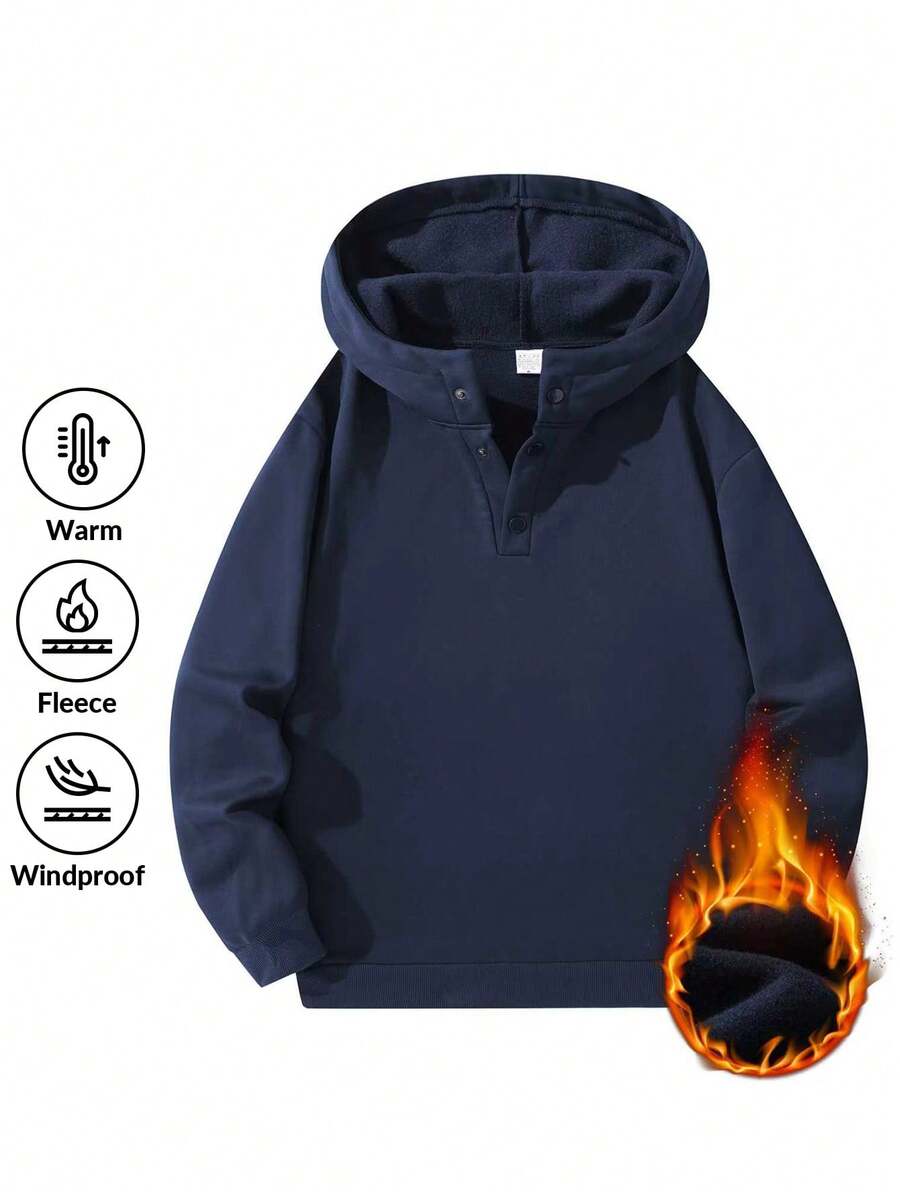 Áo hoodie lông cừu ấm áp dành cho nam, màu trơn đơn giản, cổ tay áo co giãn, thiết kế nút cổ điển, thoải mái khi mặc. - Màu xanh hải quân - Xem 1