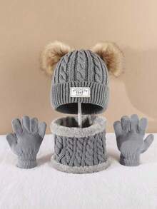 3pcs/Set Kids Warm Knitted Beanie Hat, Scarf And Gloves Set, Fashionable And Cold-Proof, Autumn/Winter - Double Ball 1947 - View 7