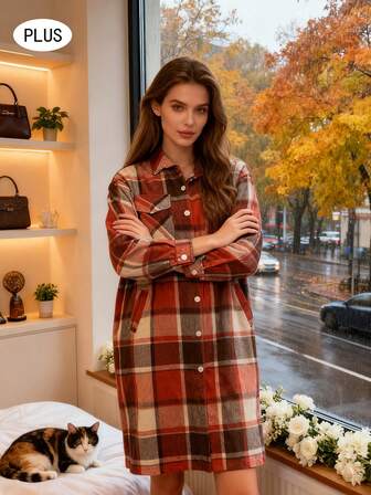 1pc Plaid Woven Fabric Button Pocket Overcoat, Suitable For Holidays And Daily Wear, Autumn/Winter Season