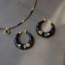French Vintage-Inspired Chic Hoop Earrings - Black & Red Enamel, Sparkling Rhinestones, Zinc Alloy, Copper Posts For Everyday & Party Wear - màu đen - Xem 2