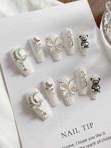 1 set de décorations vintage de style baroque en plâtre en forme de cercueil, autocollants d'art pour les ongles faits main avec un ours en peluche métallique chic, style minimaliste punk métal, convient à toutes les femmes, fêtes, anniversaires et autres occasions. Fournitures pour les ongles, faux ongles pressés à la main. - Multicolore - Voir 1