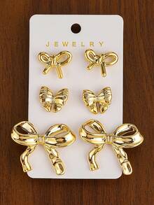 3对-12对/套 时尚经典设计，心形、蝴蝶结、花朵造型镀金耳环，超级可爱 | 简约 | 圣诞节和情人节礼物 - #2金色 - 查看 4