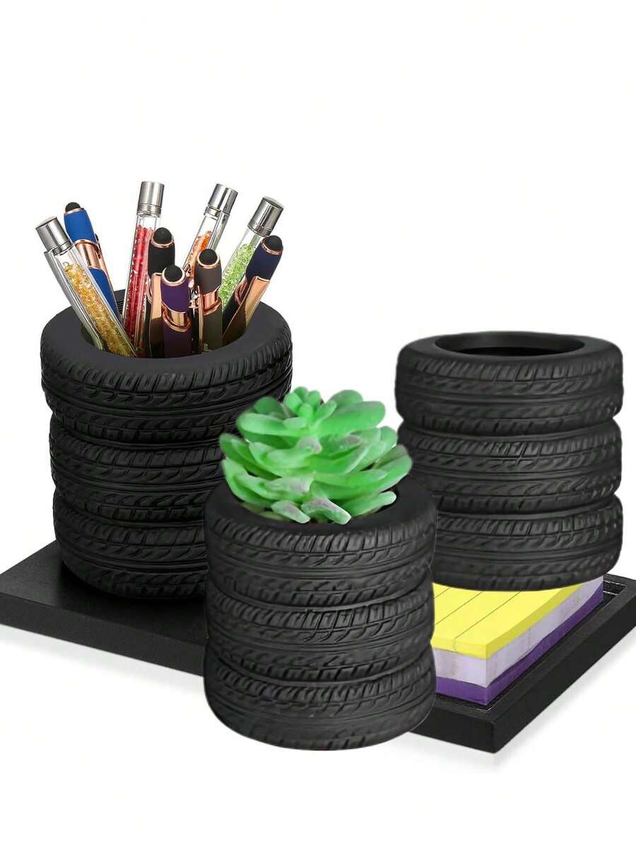 1pc Tire Shaped Pen Holder Car Tire Planter Holder For Men Mechanic Gift Desk Office Home School Accessories Decor Christmas Novelty Funny Supplies Cactus Succulent Planter Pot,Cute Tire Shaped Pen Holder - Multicolor - View 1