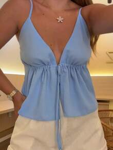 Women's Cropped Tank Top With Front Opening, Adjustable Tie, And Adjustable Straps - Spring 2025 Summer - Celeste - Ver 1