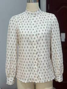 Áo cardigan tay dài cổ bèo nhún họa tiết hoa, cài nút phía trước bằng polyester, trang phục thường ngày, mặc được mọi mùa - Màu be - Xem 6