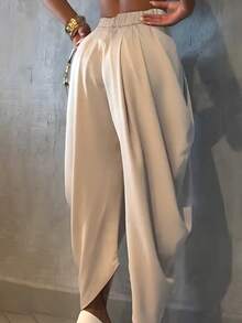 女士优雅休闲裤，纯色金属纽扣不对称设计，适合办公室和日常穿着，春夏款 - 杏色 - 查看 6