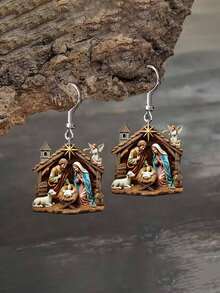 1 Pair Vintage-Inspired Acrylic Christmas Scene Earrings - 2D Flat Design Featuring The Holy Family And Shepherds, Stainless Steel Hooks, Hypoallergenic, Perfect For Daily Wear, Parties, And Gifting, Perfect Holiday Gift - 彩色 - 查看 1