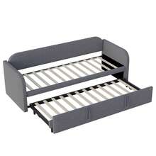Upholstered Bed, Pull-Out Sofa Bed 90/180*190 Cm, Vertical Stripes, With Slatted Base, Multifunctional Bed, Comfortable And Breathable Linen Fabric, Gray (Mattress Not Included) - Grey - View 11