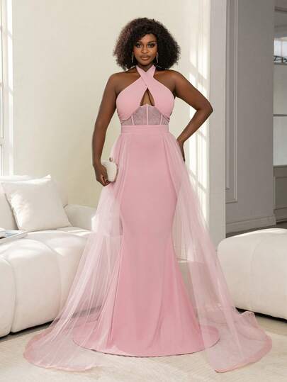 Faeriesty Elegante vestido de noche maxi con cuello cruzado, con corpiño ajustado y falda de tul transparente y fluida estilo sirena - Elegancia para bodas, galas y eventos formales de noche