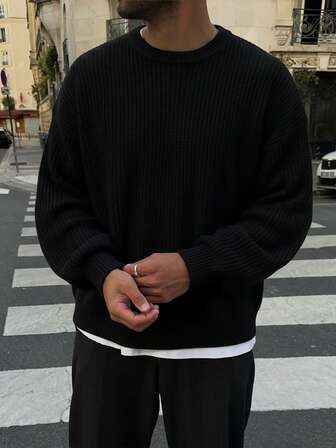 Men's Vintage Loose Fit Solid Color Knitted Sweater, Warm Crew Neck Pullover For Autumn/Winter, Long Sleeve Top