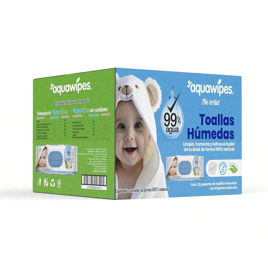 AQUAWIPES Pack 12 Paquetes Toallitas Húmedas x50 unidades| Total 600 Toallitas| Para Bebé| Suaves y Delicadas - 50 Unidad (Paquete de 12) - Ver 1