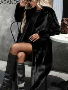 Winter Must - Have: Brown Faux Fur Long Coat With Lapel Collar - Black - View 2