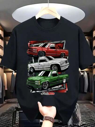 Camiseta SWCL Mob Men's Y2kgraphic2025 - 100% Algodón, Cuello Redondo, Manga Corta con Estampado Vibrante de Camión, Negra, Ropa Casual de Calle para Uso Diario, Tejido Transpirable