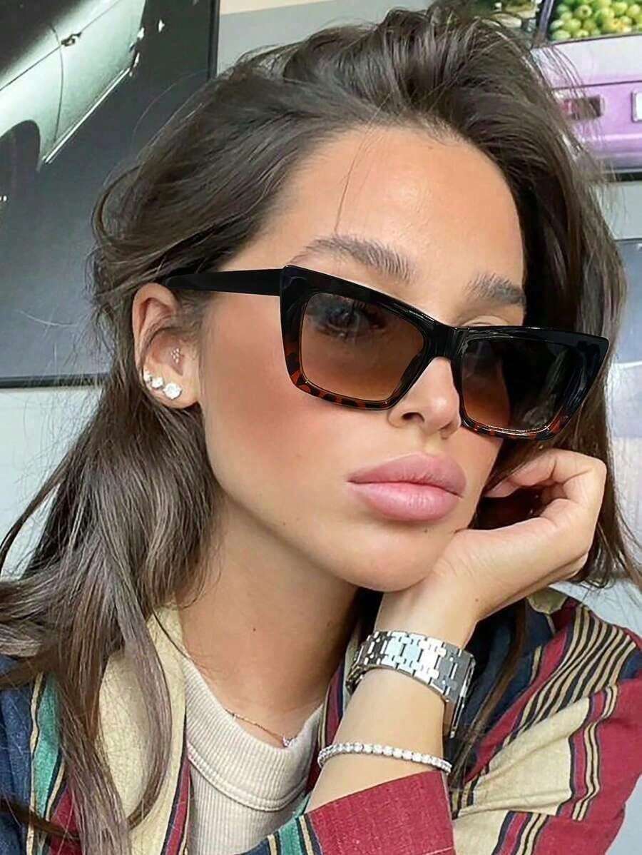1 Piece Women's Acrylic Casual Retro Cat Eye Color-Block Fashion Glasses, Suitable For Holiday Outings, Fashion Matching, Summer Beach Vacations, Outdoor Activities, And Travel Gifts - 黑色 - 查看 1