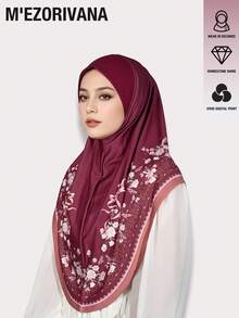 Lenço Hijab elegante em poliéster com estampa floral e de trevo (1 peça), moderno para uso diário e para orações, ideal para o outono/inverno. - Estampa de perfuração a quente da moda - Ver 12