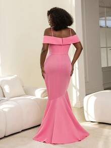 Faeriesty Plus Size Off-Shoulder Mermaid Evening Gown, Featuring Exaggerated Ruffle Shoulder And Multi-Layered- Fitted Silhouette, Slightly Stretchy Fabric, Suitable For Weddings, Galas, Balls, And Formal Dinners - Pink - View 3