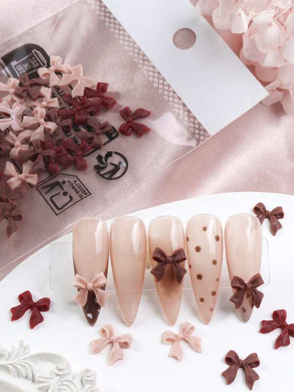 30pcs Burgundy Bowknot Nails Charms Decoration Kawaii Nude Long Ribbon Butterfly Tie Resin Nail Supplies Accessories