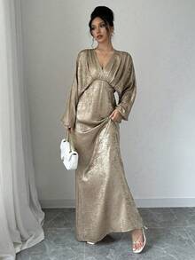 女士优雅V领金色连衣裙，精致优雅，适合工作、通勤、性感法式浪漫风格、休闲外出、中东复古主题活动、下午茶聚会、派对、新年、感恩节和圣诞节派对。 - 金色 - 查看 1