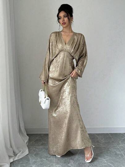 女士优雅V领金色连衣裙，精致优雅，适合工作、通勤、性感法式浪漫风格、休闲外出、中东复古主题活动、下午茶聚会、派对、新年、感恩节和圣诞节派对。