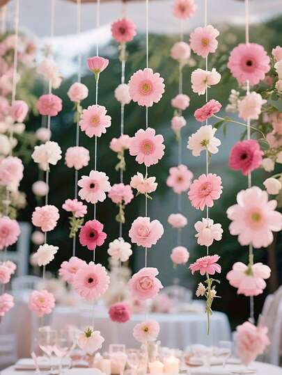 21PCS/SET Floral Waterfall Set,Pink Mixed Artificial Flowers And 1 Rolls Of Transparent Ribbon Flower Decorations, Suitable For Wedding Parties, Valentine'S Day, Bridal Showers, Birthday Room Decorations (Random Pink Flowers)