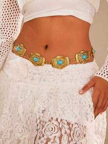 1pc Metallic Engraved Turquoise Waist Chain, Boho Zinc Alloy, Suitable For Christmas Party, Holiday & Casual Occasions - Hexagonal Warrior - View 6
