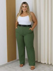 Straight Leg Plus Size Tailored Trousers 46-50 With Belt, Button And Zipper Closure 8827 - 軍綠色 - 查看 4