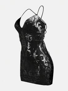 Váy ngắn dự tiệc sequin đen gợi cảm không tay cổ chữ V sâu hở lưng viền bút chì, váy cocktail dự tiệc, váy ngắn cổ chữ V hở hông sequin có dây đeo cho nữ, thanh lịch, sang trọng, xa xỉ, váy dự tiệc thanh lịch, váy Giáng sinh, váy mùa thu, váy mùa đông cho nữ, váy dạ hội, váy lấp lánh - màu đen - Xem 2