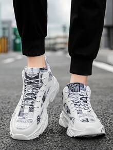 Men's Fashion Colorblock Random Graffiti Letter Patchwork Front Lace-Up High Top Sneakers, Comfortable Casual Outdoor Shoes For Hiphop Youths