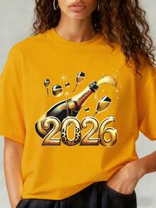 2026 Hello Women Tee Ladies 2026 Happy New Year Letter Pattern Printed T-Shirt Women's New Year Celebration Clothing Goodbye 2025, Hello 2026 Design T-Shirt Women's Loose Casual Round Neck Short Sleeve T-Shirt - White And Navy Off-The-Shoulder Cropped Top - Đỏ - Xem 7