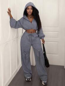 2pcs/1set Women Casual Solid Color Oversize Plain Cropped Hoodie And Sweatpants Set, Autumn/Winter Fall Cloth For Women,Gray Two Pieces Set,Women Comfortable Two Pieces Set - Grey - View 3