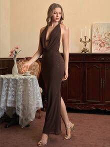 PARTHEA 露背深V领亮片网纱紧身长裙 - 棕色 - 查看 4