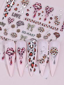 2pcs 5D Bronzing Leopard Lips Nail Sticker Embossed Gold Silver Leopard Heart Bow Knot Cherry Pink Brown Decals Relief Self Adhesive DIY Decoration Accessories Manicure Salon Supplies Nails - Multicolor - View 6