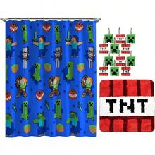 TFKI Minecraft Creeper TNT 14 Piece Bathroom Set - Includes Shower Curtain 12 Hooks And Non-Slip Bath Rug - Easy Care Fabric Official Minecraft Product