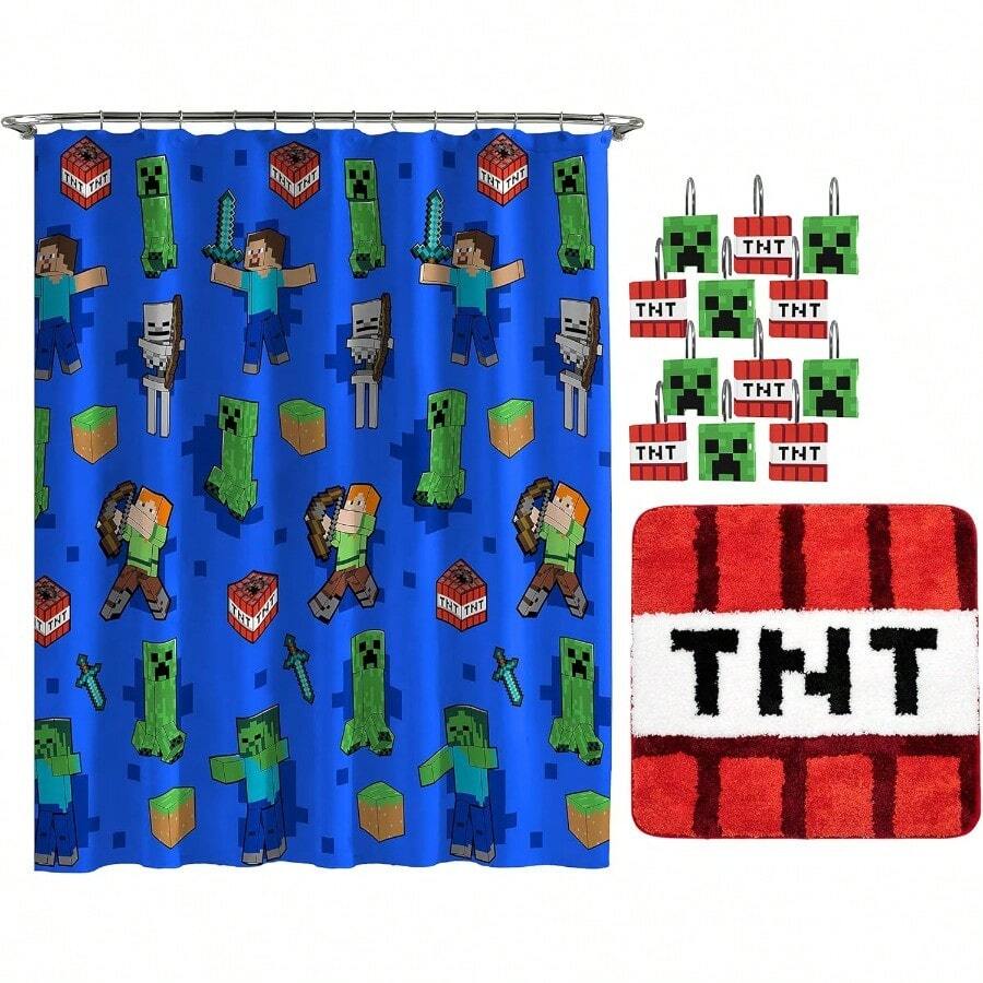 TFKI Minecraft Creeper TNT 14 Piece Bathroom Set - Includes Shower Curtain 12 Hooks And Non-Slip Bath Rug - Easy Care Fabric Official Minecraft Product
