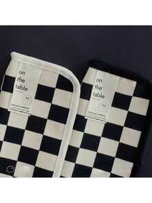 Large Capacity Pencil: Checkerboard Grid Design, Canvas Multi-Functional Pencil Bag - Black and White Plaid - View 7