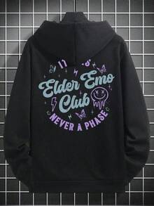 1 pieza Sudadera con capucha negra para hombre - Sudadera con bolsillo delantero con estampado vintage "IT WAS ELDER EMO CLUB", corte holgado, ropa de calle emo, atuendos casuales - Suéter con capucha lavable - Negro - Ver 2