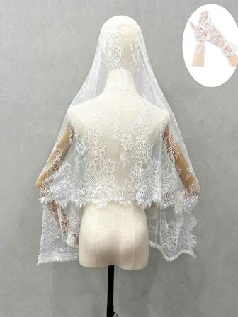 2件套新娘蕾丝白色披肩头纱，含披肩和手套，黑色拉丁风婚礼头纱，适合婚礼、舞会、日常配饰