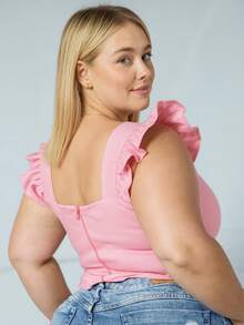Women's Summer Plus Size Cropped Blouse With Ruffled Sleeves, Button Detail, Back Zipper, Curve Look, Sizes 44 To 54 - Baby Pink - View 2