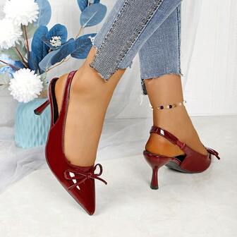 女士高跟鞋，酒红色法式尖头绑带凉鞋，新款夏季蝴蝶结尖头露跟高跟鞋
