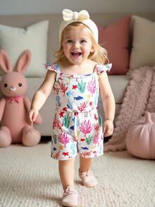 Bộ 3 bộ đồ liền thân in họa tiết động vật dưới nước, sọc và màu trơn cho bé gái mùa hè, đồ thể thao và hoạt động ngoài trời dễ thương - Nhiều màu - Xem 5