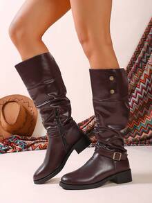 Women's Knee-High Boots, Minimalist Solid Color, Round Toe, Soft Sole, Non-Slip, Versatile, 2025 Autumn/Winter New Arrival, Slip-On, Fashion Pleated Design, Outdoor Boots - Reddish Brown - View 2