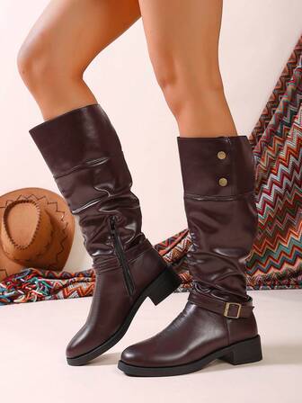 Knähöga damstövlar, Minimalistisk enfärgad, Rund tå, Mjuk sula, Halkfri, Mångsidig, Nyheter höst/vinter 2025, Slip-On, Modern veckad design, Friluftsstövlar