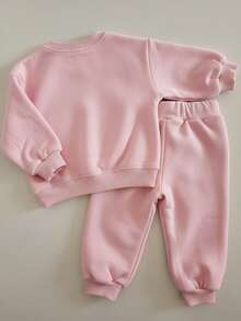 2件套女童秋冬长袖圆领卫衣和运动裤套装，时尚亲肤，柔软舒适 - 粉色 - 查看 3